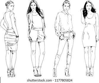 vector drawings on the theme of beautiful slim sporty girl in casual clothes in various poses painted ink hand sketch with no background