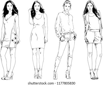 vector drawings on the theme of beautiful slim sporty girl in casual clothes in various poses painted ink hand sketch with no background