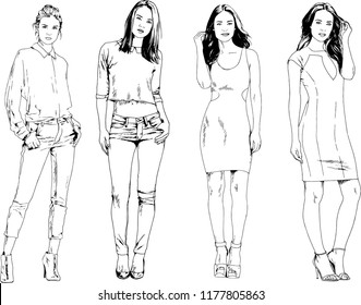 vector drawings on the theme of beautiful slim sporty girl in casual clothes in various poses painted ink hand sketch with no background