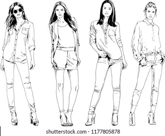 vector drawings on the theme of beautiful slim sporty girl in casual clothes in various poses painted ink hand sketch with no background