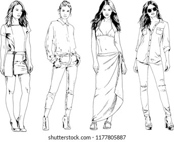 vector drawings on the theme of beautiful slim sporty girl in casual clothes in various poses painted ink hand sketch with no background