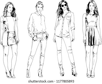vector drawings on the theme of beautiful slim sporty girl in casual clothes in various poses painted ink hand sketch with no background