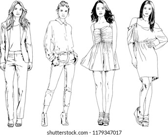 vector drawings on the theme of beautiful slim sporty girl in casual clothes in various poses painted ink hand sketch with no background
