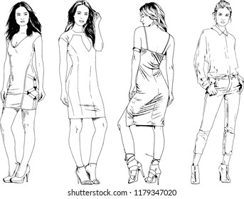 vector drawings on the theme of beautiful slim sporty girl in casual clothes in various poses painted ink hand sketch with no background