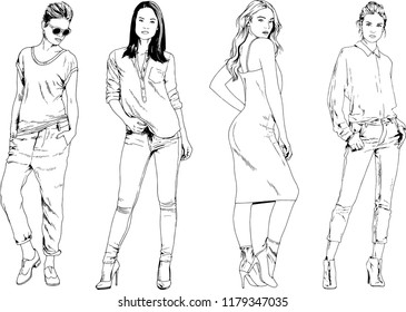 vector drawings on the theme of beautiful slim sporty girl in casual clothes in various poses painted ink hand sketch with no background