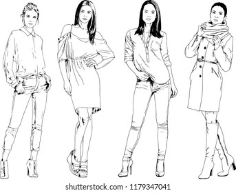 vector drawings on the theme of beautiful slim sporty girl in casual clothes in various poses painted ink hand sketch with no background