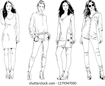 vector drawings on the theme of beautiful slim sporty girl in casual clothes in various poses painted ink hand sketch with no background