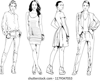 vector drawings on the theme of beautiful slim sporty girl in casual clothes in various poses painted ink hand sketch with no background
