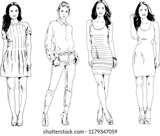 vector drawings on the theme of beautiful slim sporty girl in casual clothes in various poses painted ink hand sketch with no background