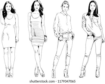 vector drawings on the theme of beautiful slim sporty girl in casual clothes in various poses painted ink hand sketch with no background