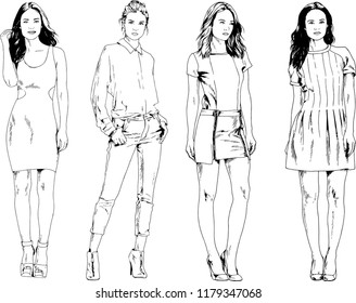 vector drawings on the theme of beautiful slim sporty girl in casual clothes in various poses painted ink hand sketch with no background