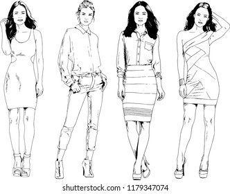 vector drawings on the theme of beautiful slim sporty girl in casual clothes in various poses painted ink hand sketch with no background