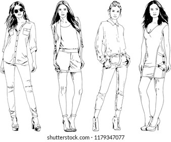 vector drawings on the theme of beautiful slim sporty girl in casual clothes in various poses painted ink hand sketch with no background