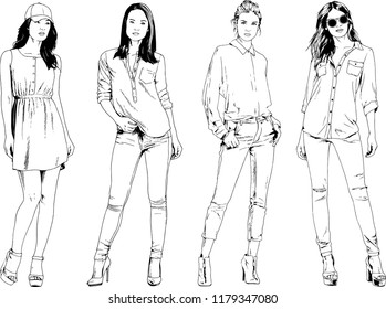 vector drawings on the theme of beautiful slim sporty girl in casual clothes in various poses painted ink hand sketch with no background