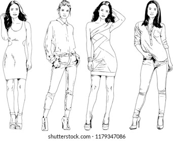 vector drawings on the theme of beautiful slim sporty girl in casual clothes in various poses painted ink hand sketch with no background
