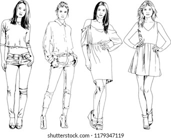 vector drawings on the theme of beautiful slim sporty girl in casual clothes in various poses painted ink hand sketch with no background