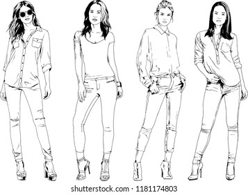 vector drawings on the theme of beautiful slim sporty girl in casual clothes in various poses painted ink hand sketch with no background