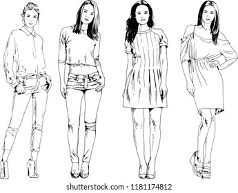 vector drawings on the theme of beautiful slim sporty girl in casual clothes in various poses painted ink hand sketch with no background