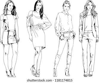 vector drawings on the theme of beautiful slim sporty girl in casual clothes in various poses painted ink hand sketch with no background