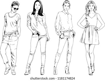 vector drawings on the theme of beautiful slim sporty girl in casual clothes in various poses painted ink hand sketch with no background