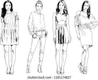vector drawings on the theme of beautiful slim sporty girl in casual clothes in various poses painted ink hand sketch with no background