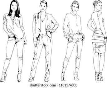 vector drawings on the theme of beautiful slim sporty girl in casual clothes in various poses painted ink hand sketch with no background