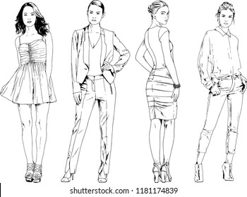 vector drawings on the theme of beautiful slim sporty girl in casual clothes in various poses painted ink hand sketch with no background