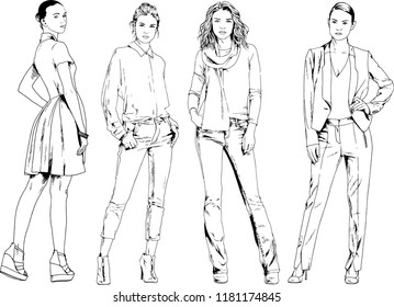 vector drawings on the theme of beautiful slim sporty girl in casual clothes in various poses painted ink hand sketch with no background