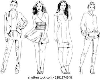 vector drawings on the theme of beautiful slim sporty girl in casual clothes in various poses painted ink hand sketch with no background