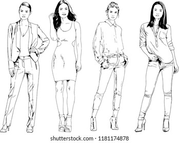 vector drawings on the theme of beautiful slim sporty girl in casual clothes in various poses painted ink hand sketch with no background