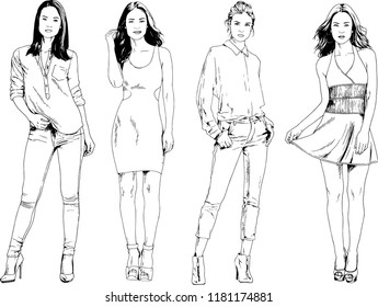 vector drawings on the theme of beautiful slim sporty girl in casual clothes in various poses painted ink hand sketch with no background