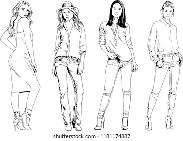 vector drawings on the theme of beautiful slim sporty girl in casual clothes in various poses painted ink hand sketch with no background