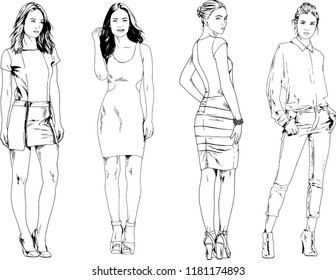 vector drawings on the theme of beautiful slim sporty girl in casual clothes in various poses painted ink hand sketch with no background