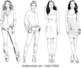 vector drawings on the theme of beautiful slim sporty girl in casual clothes in various poses painted ink hand sketch with no background