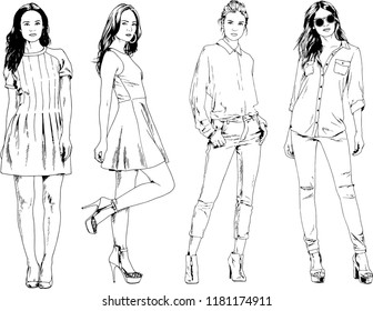 vector drawings on the theme of beautiful slim sporty girl in casual clothes in various poses painted ink hand sketch with no background