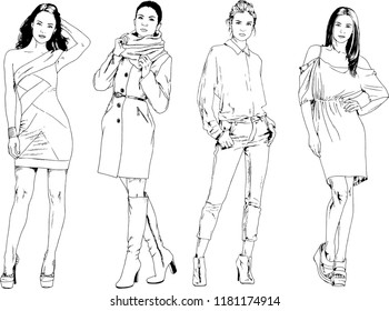 vector drawings on the theme of beautiful slim sporty girl in casual clothes in various poses painted ink hand sketch with no background
