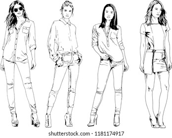 vector drawings on the theme of beautiful slim sporty girl in casual clothes in various poses painted ink hand sketch with no background