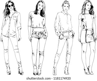vector drawings on the theme of beautiful slim sporty girl in casual clothes in various poses painted ink hand sketch with no background