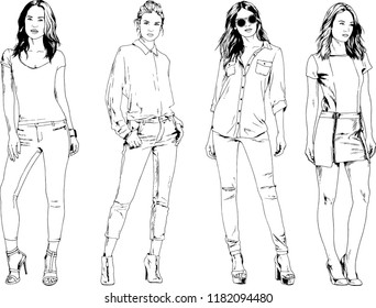 vector drawings on the theme of beautiful slim sporty girl in casual clothes in various poses painted ink hand sketch with no background