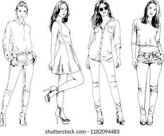 vector drawings on the theme of beautiful slim sporty girl in casual clothes in various poses painted ink hand sketch with no background