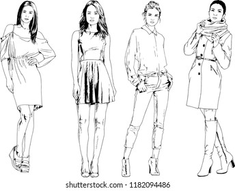 vector drawings on the theme of beautiful slim sporty girl in casual clothes in various poses painted ink hand sketch with no background