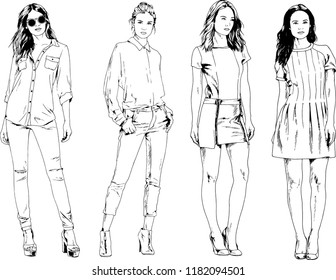 vector drawings on the theme of beautiful slim sporty girl in casual clothes in various poses painted ink hand sketch with no background