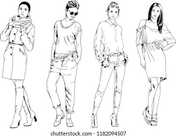 vector drawings on the theme of beautiful slim sporty girl in casual clothes in various poses painted ink hand sketch with no background