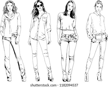 vector drawings on the theme of beautiful slim sporty girl in casual clothes in various poses painted ink hand sketch with no background