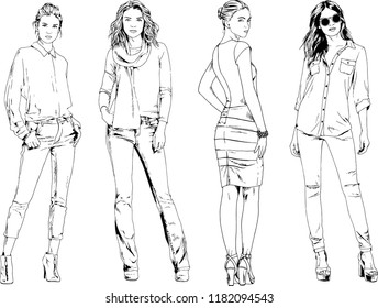 vector drawings on the theme of beautiful slim sporty girl in casual clothes in various poses painted ink hand sketch with no background