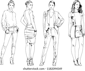 vector drawings on the theme of beautiful slim sporty girl in casual clothes in various poses painted ink hand sketch with no background