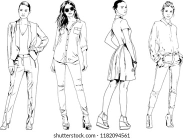 vector drawings on the theme of beautiful slim sporty girl in casual clothes in various poses painted ink hand sketch with no background