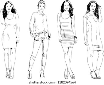 vector drawings on the theme of beautiful slim sporty girl in casual clothes in various poses painted ink hand sketch with no background