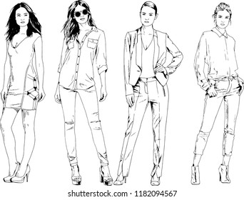 vector drawings on the theme of beautiful slim sporty girl in casual clothes in various poses painted ink hand sketch with no background