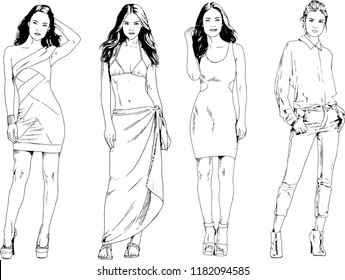 vector drawings on the theme of beautiful slim sporty girl in casual clothes in various poses painted ink hand sketch with no background